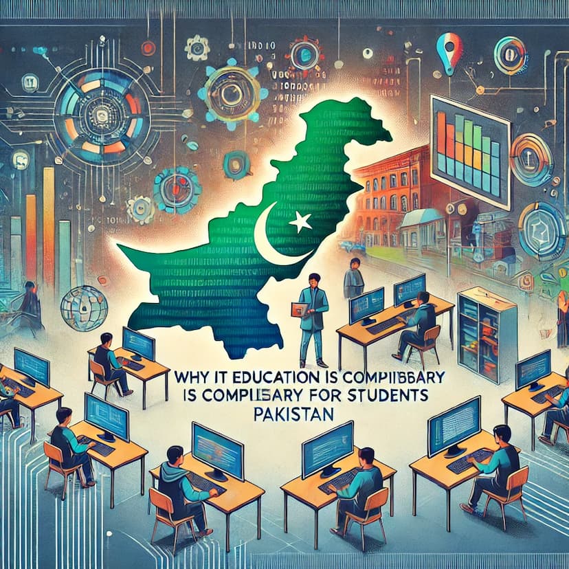 A vibrant depiction of students learning IT in Pakistan, featuring futuristic technology and the integration of Pakistan’s map with digital elements, symbolizing growth and opportunity in the digital era.